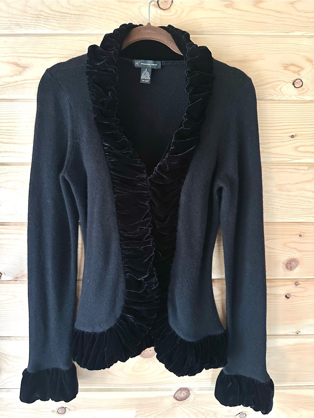 INC International Concepts Black Silk Angora Velvet Ruffle Trim Cardigan Small